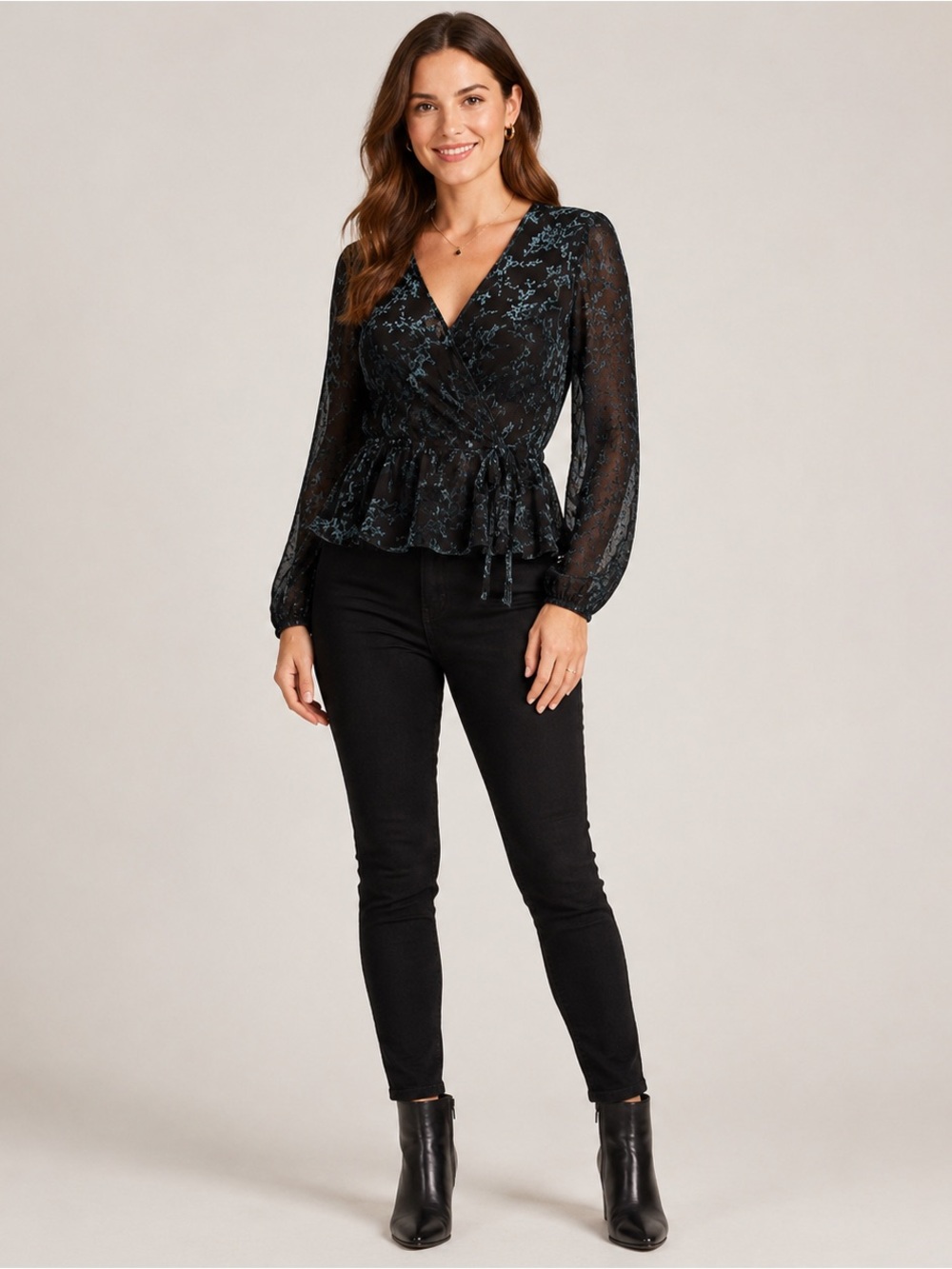 Lauren Conrad Top Size Small Teal Blue Black Velour V Neck Surplice Peplum Hem